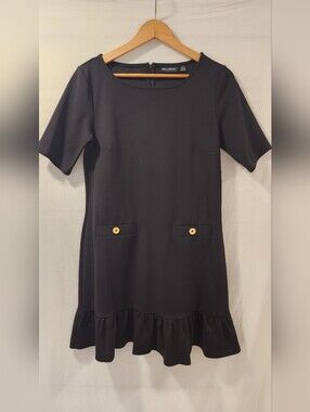 Nina Leonard Mini Black Dress Ruffled Hem Size M